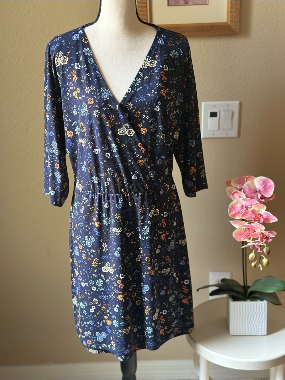 H&M Navy Floral Wrap-Front Midi Dress - Size M
